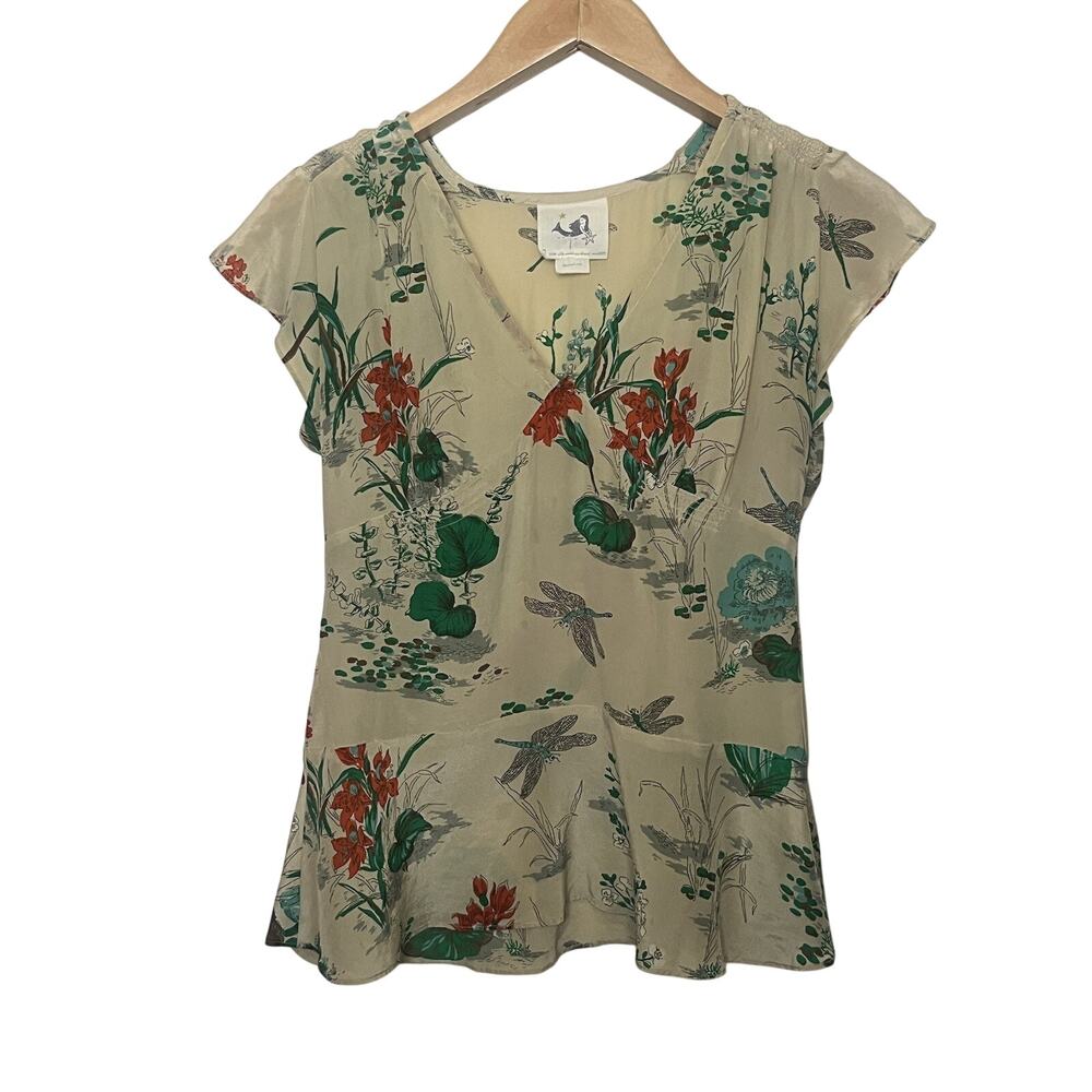 Mermaid Anthropologie Floral Dragonfly Silk Blouse Women’s Size 2 Tan Boho Fairy